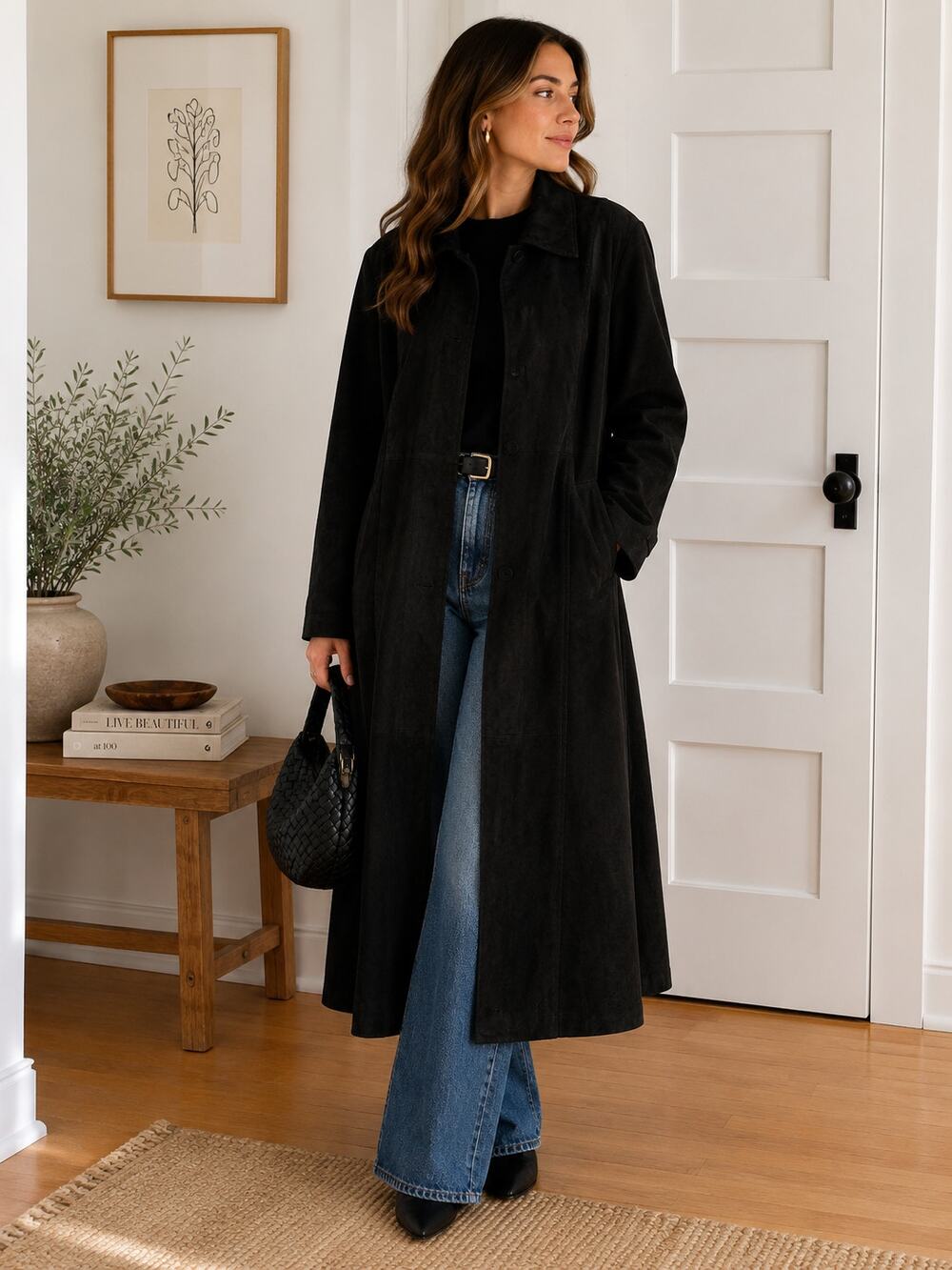 Marina Rinaldi Black Suede Leather Long Coat Made in Spain ✨